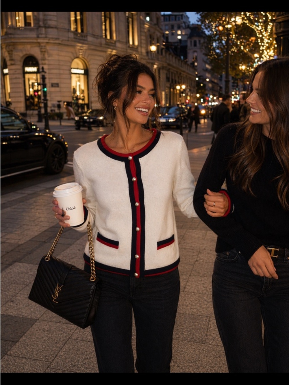 Zara Classic Pearl-Button Knit Cardigan - White with Red & Navy Trim